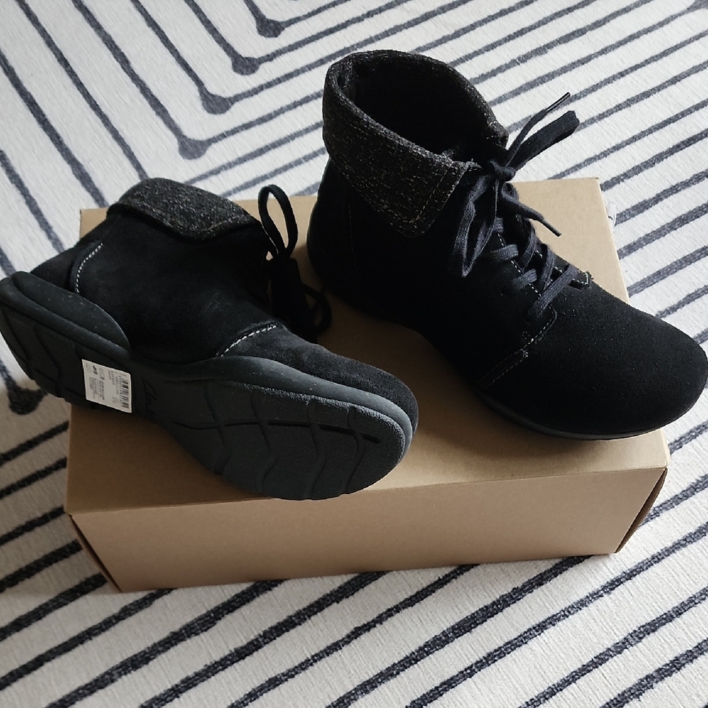 Clarks Black Suede Ankle Boots with Fold-Over Cuff NWT